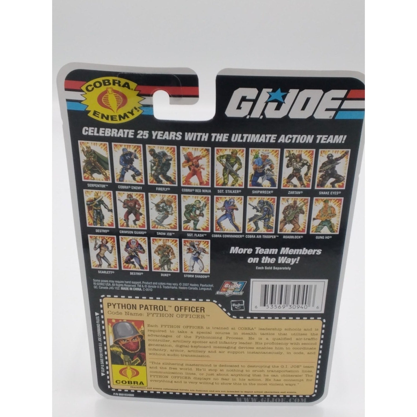 Python patrol officer Gi Joe 25th anniversary on card