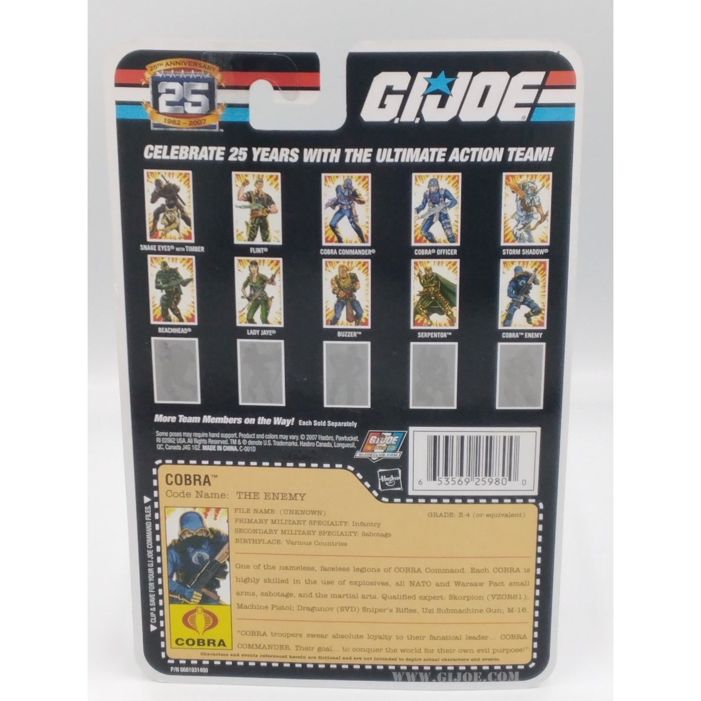 Cobra the enemy Gi Joe 25th anniversary on card